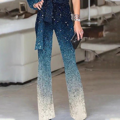 Statement women's one-shoulder ombre jumpsuit, a flared wide-leg evening wear piece for dazzling style.