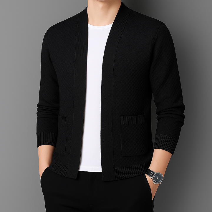 Model wearing a cozy women's open-front cardigan with pockets, ideal for casual fall wear.