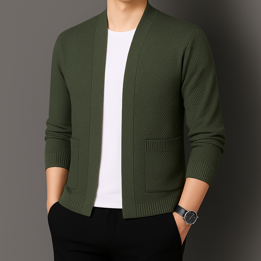 Stylish women's knitwear cardigan, open-front design with functional side pockets.