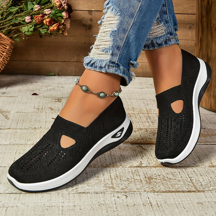 Top-down view of comfortable women's slip-on walking shoes, great for everyday active wear footwear.