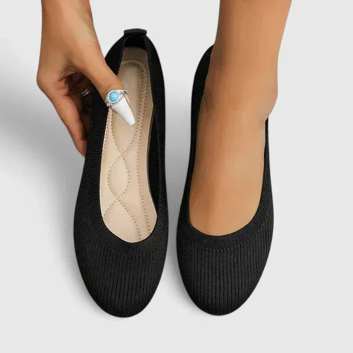 Woman wearing slip-on orthopedic shoes, walking comfortably; perfect for daily errands & active lifestyles.