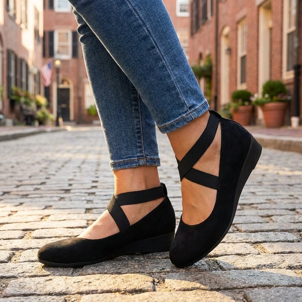 Comfortable women's walking wedge sandals featuring adjustable cross straps and orthopedic arch support.