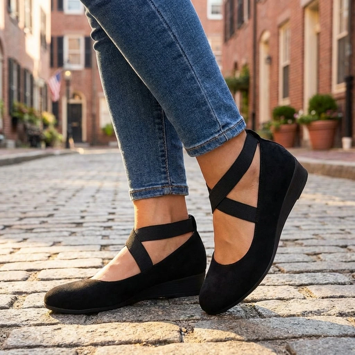 Comfortable women's walking wedge sandals featuring adjustable cross straps and orthopedic arch support.