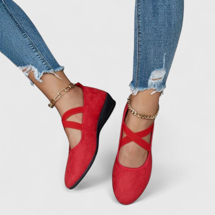 Ladies' comfortable summer wedge sandals with adjustable cross straps & orthopedic arch support.