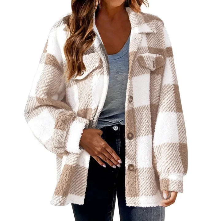 Plaid button-up oversized fleece shacket for women, soft feel, comfortable outerwear.