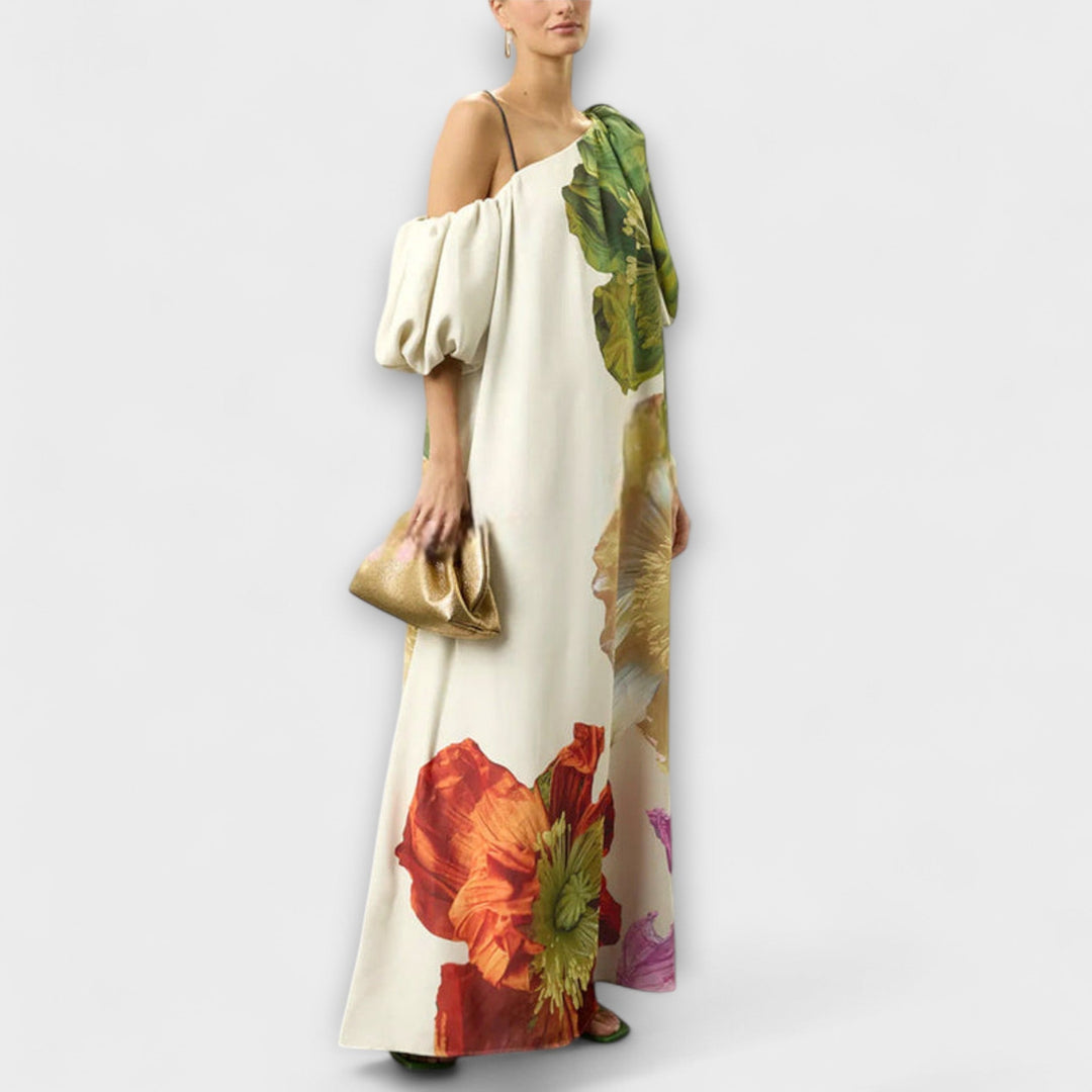 Elegant women's floral off-shoulder maxi dress, featuring romantic puff sleeves and a comfortable oversized fit.