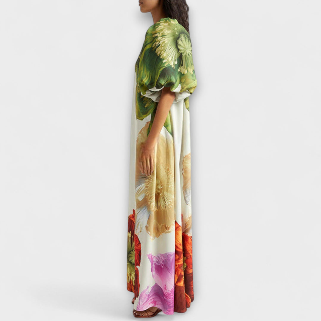 Stunning women's floral off-shoulder puff sleeve maxi dress, ideal for summer parties, vacations, or elegant events.