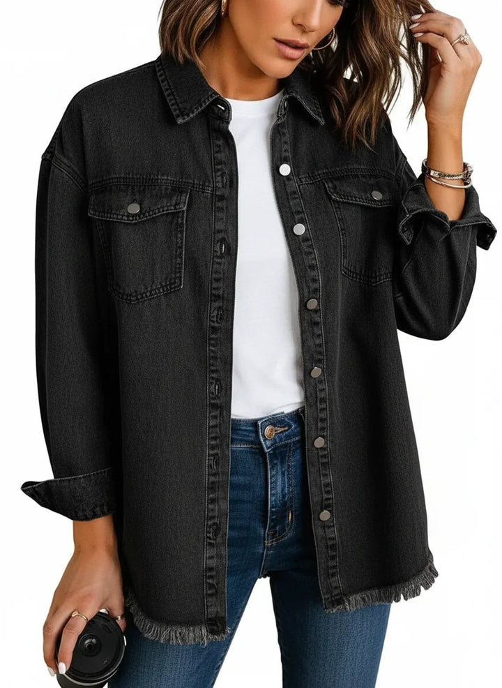Stylish women's oversized shacket with unique fringe hem detail & button-down front.