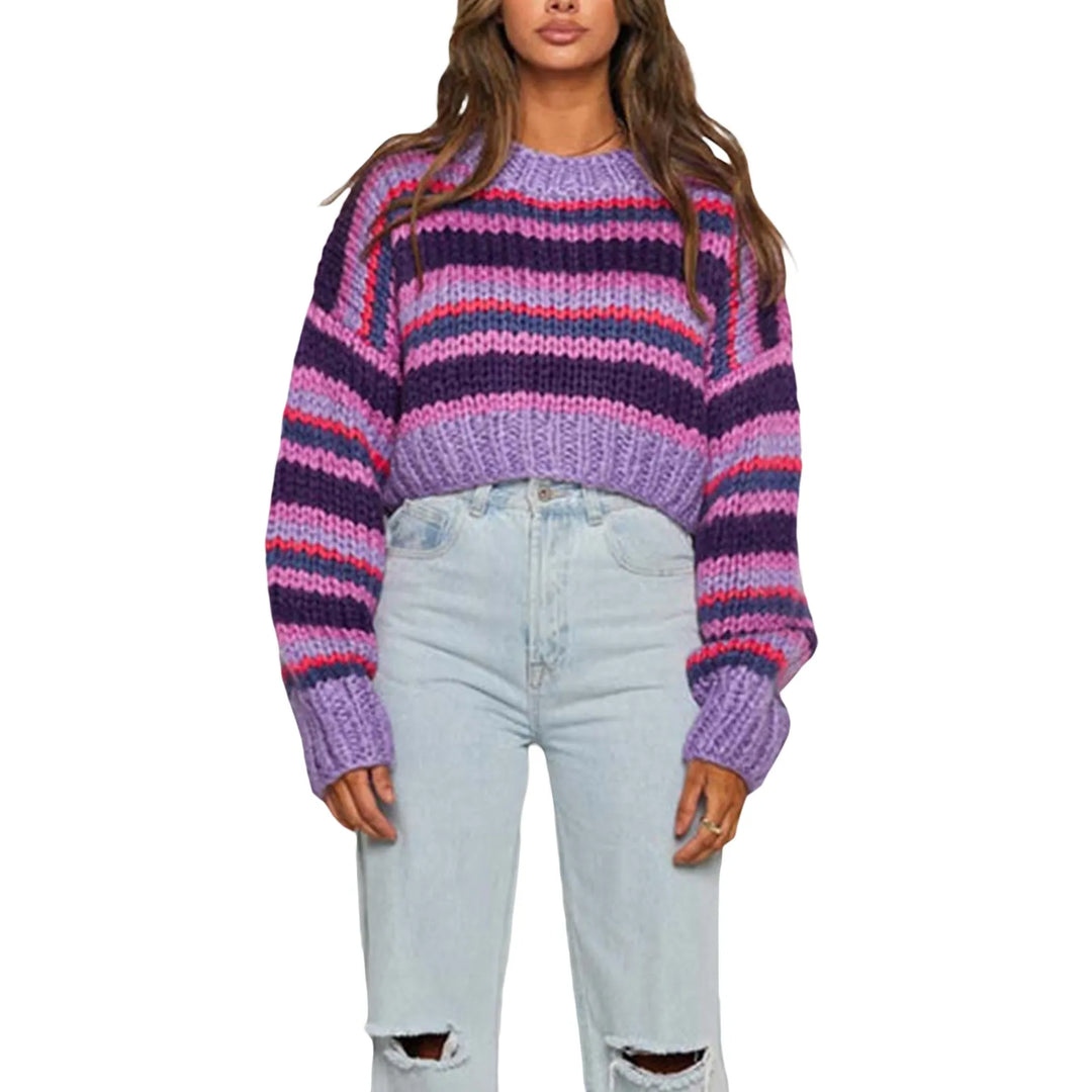 Classic striped knit oversized sweater for women. Warm & comfy long sleeve jumper, ideal for winter style.
