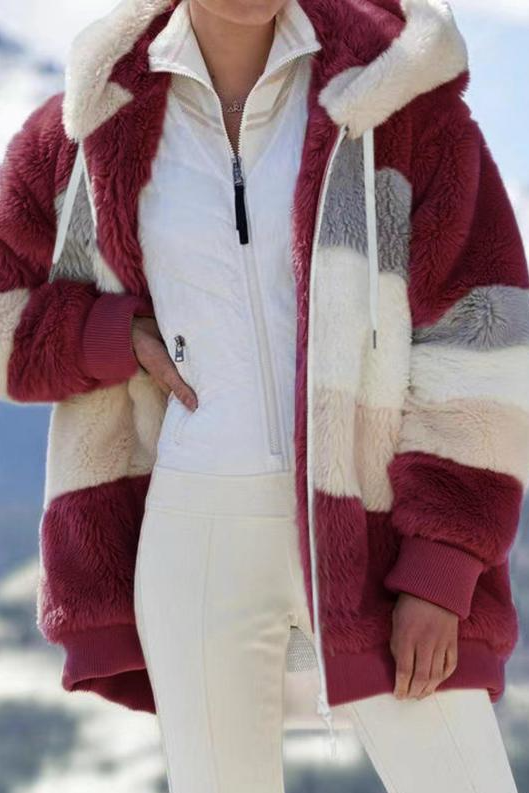 Warm & soft women's oversized striped plush jacket. Perfect hooded layering piece for winter.
