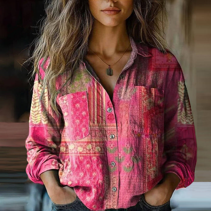 Casual women's long sleeve boho blouse featuring a vibrant paisley bandana print and comfortable relaxed fit.