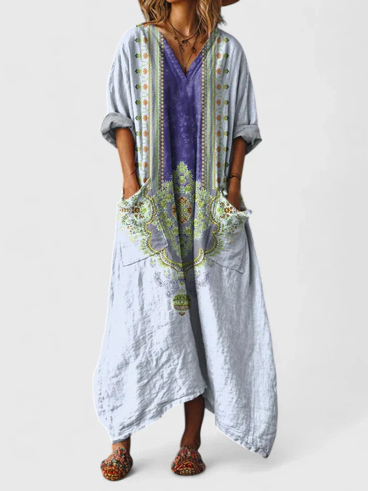 Flowy paisley print V-neck oversized maxi dress. Women's casual summer dress in bohemian style with vibrant print.