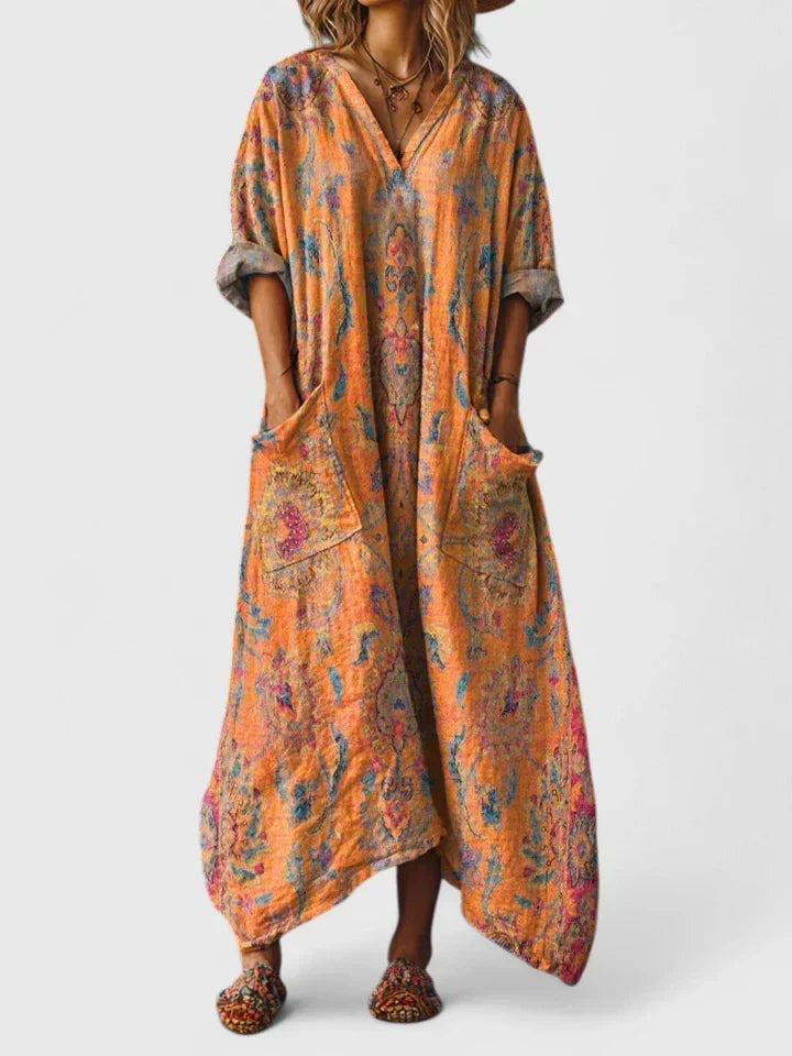Bohemian style women's paisley print maxi dress. Oversized, V-neck, comfortable, and perfect for summer days.