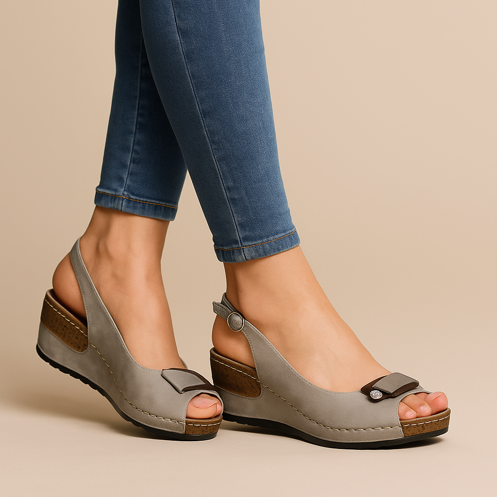 Comfortable peep toe wedge slingback sandals for women. Perfect summer shoes for casual elegance.