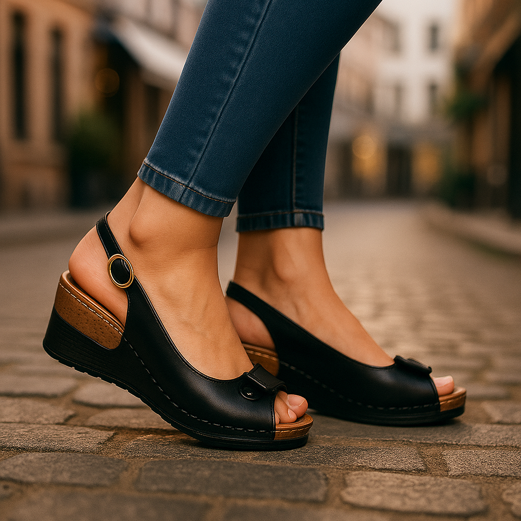 Versatile women's slingback peep toe wedge sandals. Great for comfortable, chic summer outfits.
