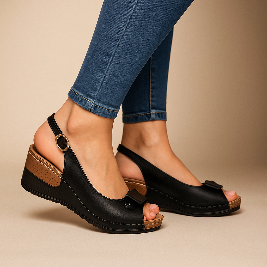 Fashionable peep toe wedge sandals for women, with a supportive slingback. Essential summer footwear.