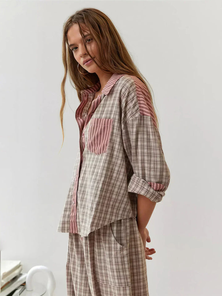 Stylish blue plaid two-piece set for women, matching top and pants, weekend travel outfit