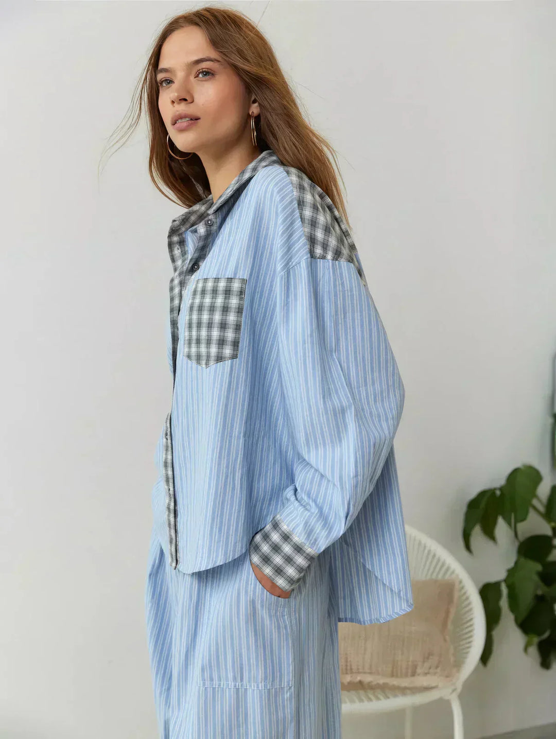 Back view of women's pink plaid co-ord outfit, highlighting the comfortable, relaxed fit