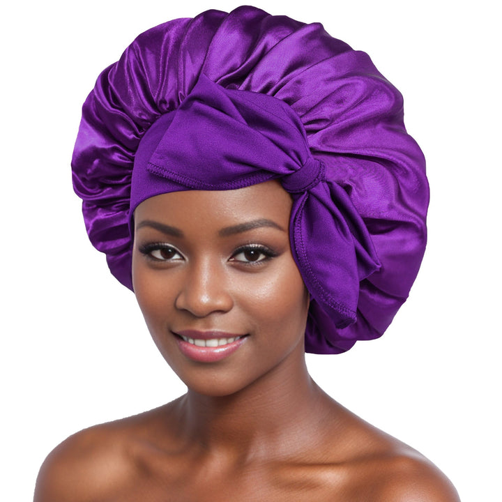 Women's anti-frizz reversible satin bonnet in elegant champagne color, hair protector