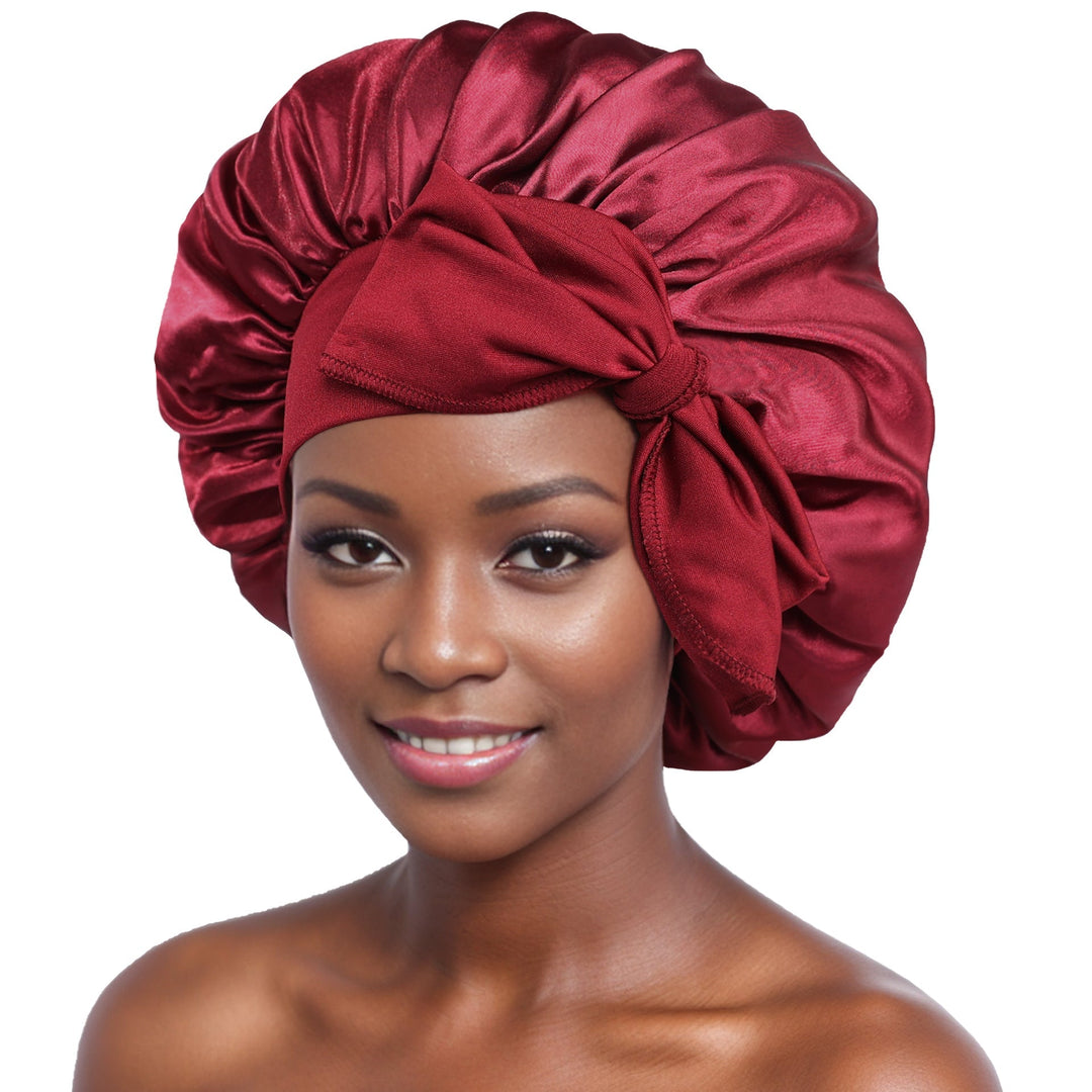 Adjustable women's satin nightcap in subtle lavender, gentle on hair and skin