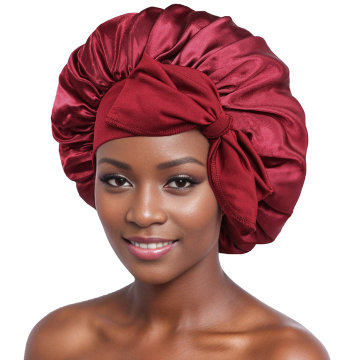 Adjustable women's satin nightcap in subtle lavender, gentle on hair and skin