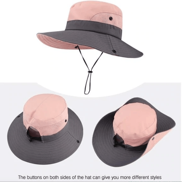 Women's navy blue UV protection sun hat, foldable, offers excellent face and neck shade