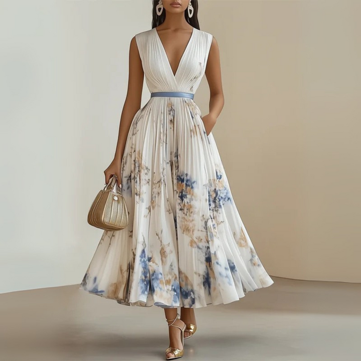 Light blue pleated sleeveless V-neck maxi dress, ideal women's summer vacation or party attire.