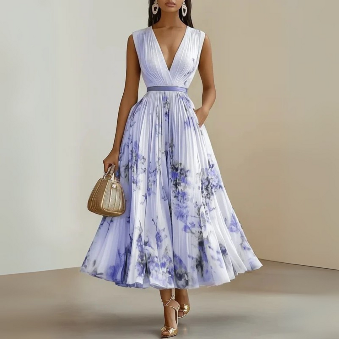 Purple pleated sleeveless maxi dress for women, stylish and flowy for summer parties or vacation.