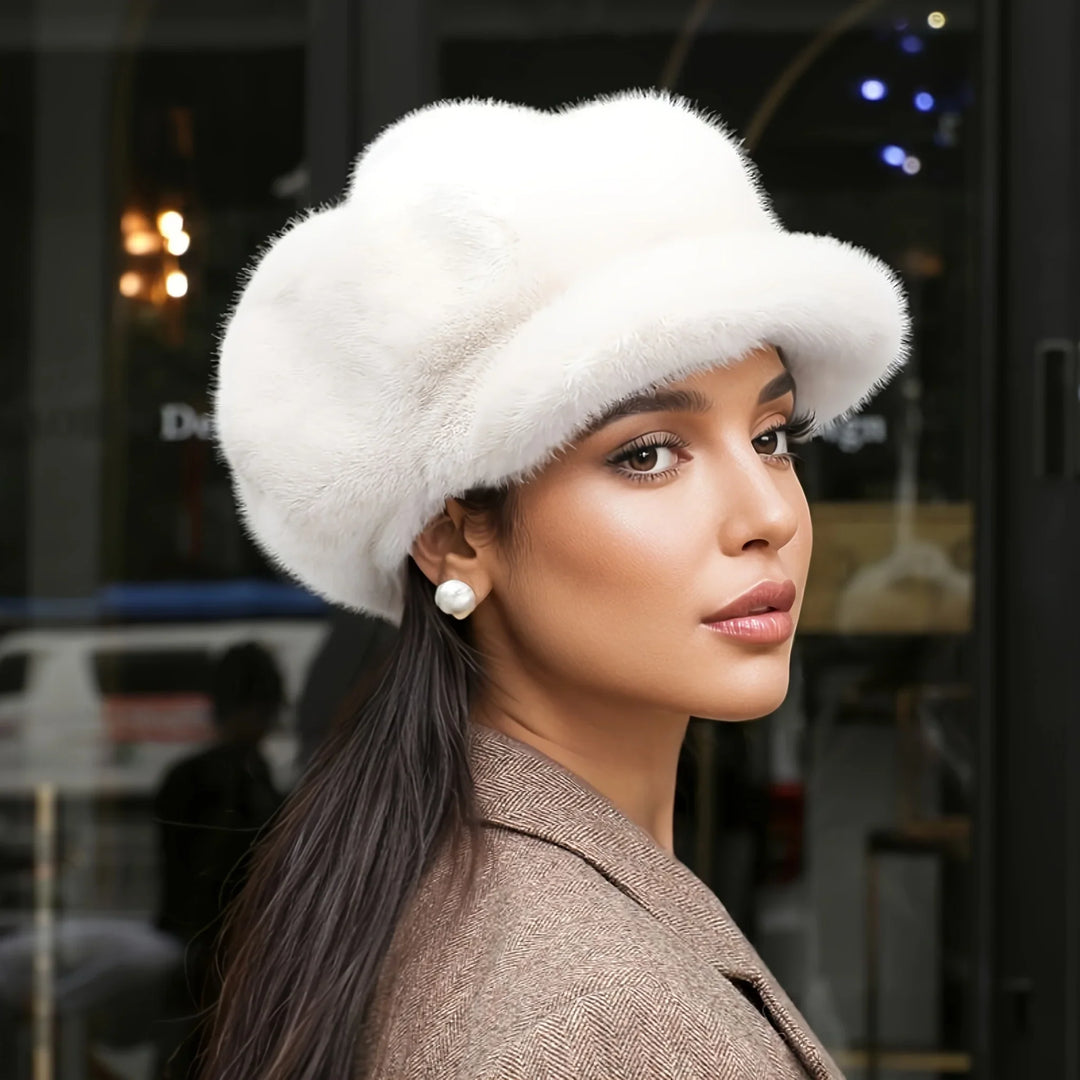 Stylish women's faux fur winter cap in a structured design, perfect for cold weather warmth.