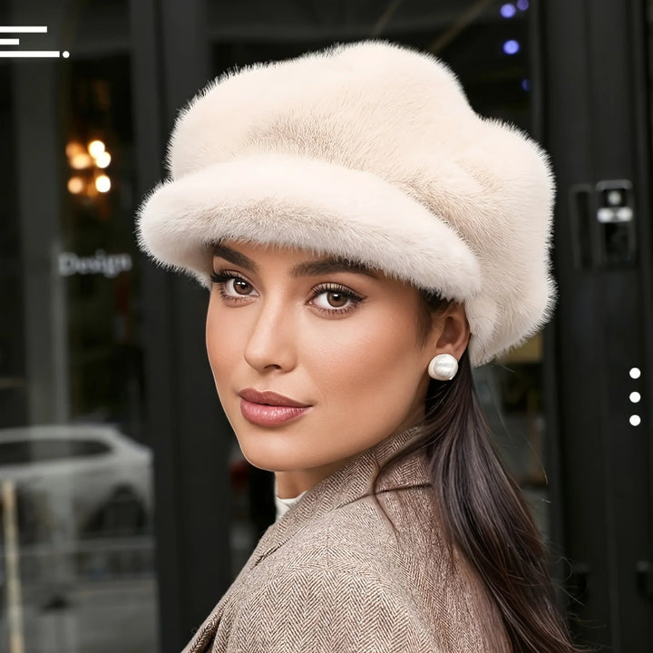 Women's warm winter cap with a luxurious faux fur finish, a chic cold weather accessory.