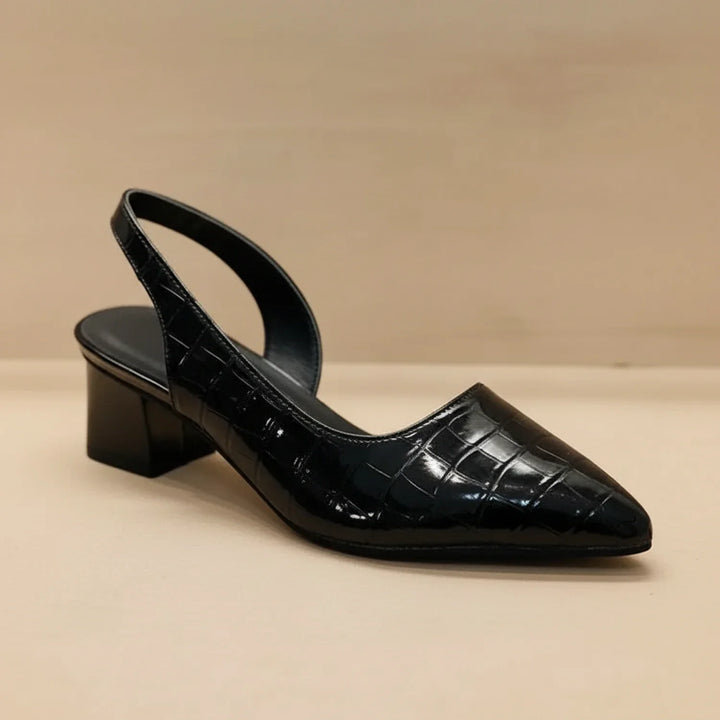 Comfortable orthopedic women's pointed toe slingback heels. Chic block heel dress shoes, perfect for all-day wear.
