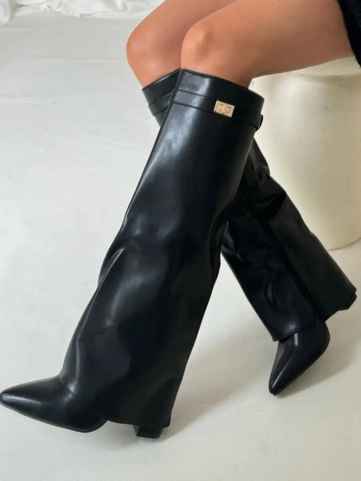 Beige women's stylish pointed wedge knee-high boots, versatile tall boots for winter outfits.