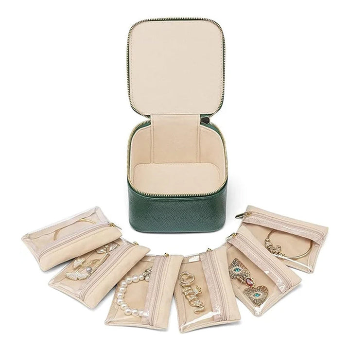 Portable leather jewelry travel case with a zipper closure, keeping valuables safe on the go