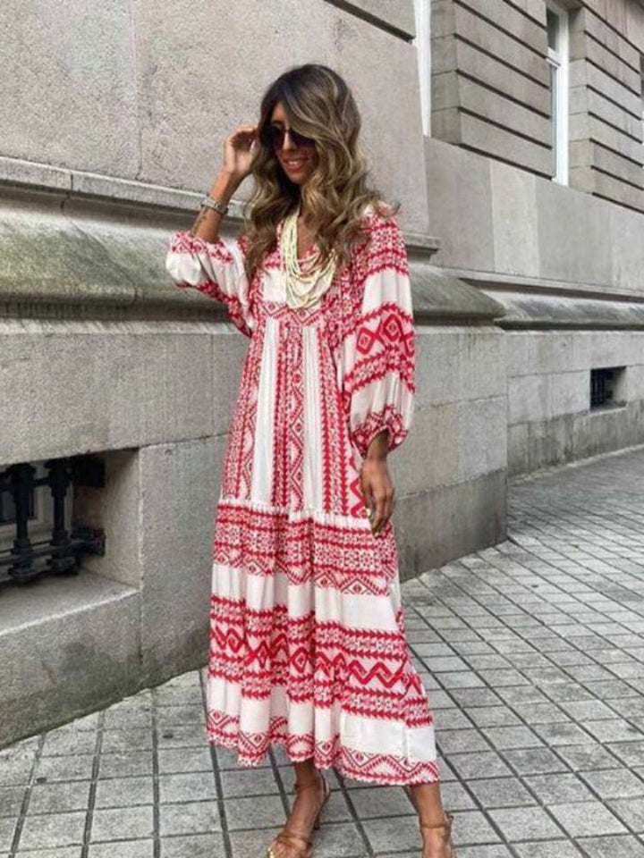 Aurelia printed maxi dress for women, featuring a comfortable and stylish flattering waistband.