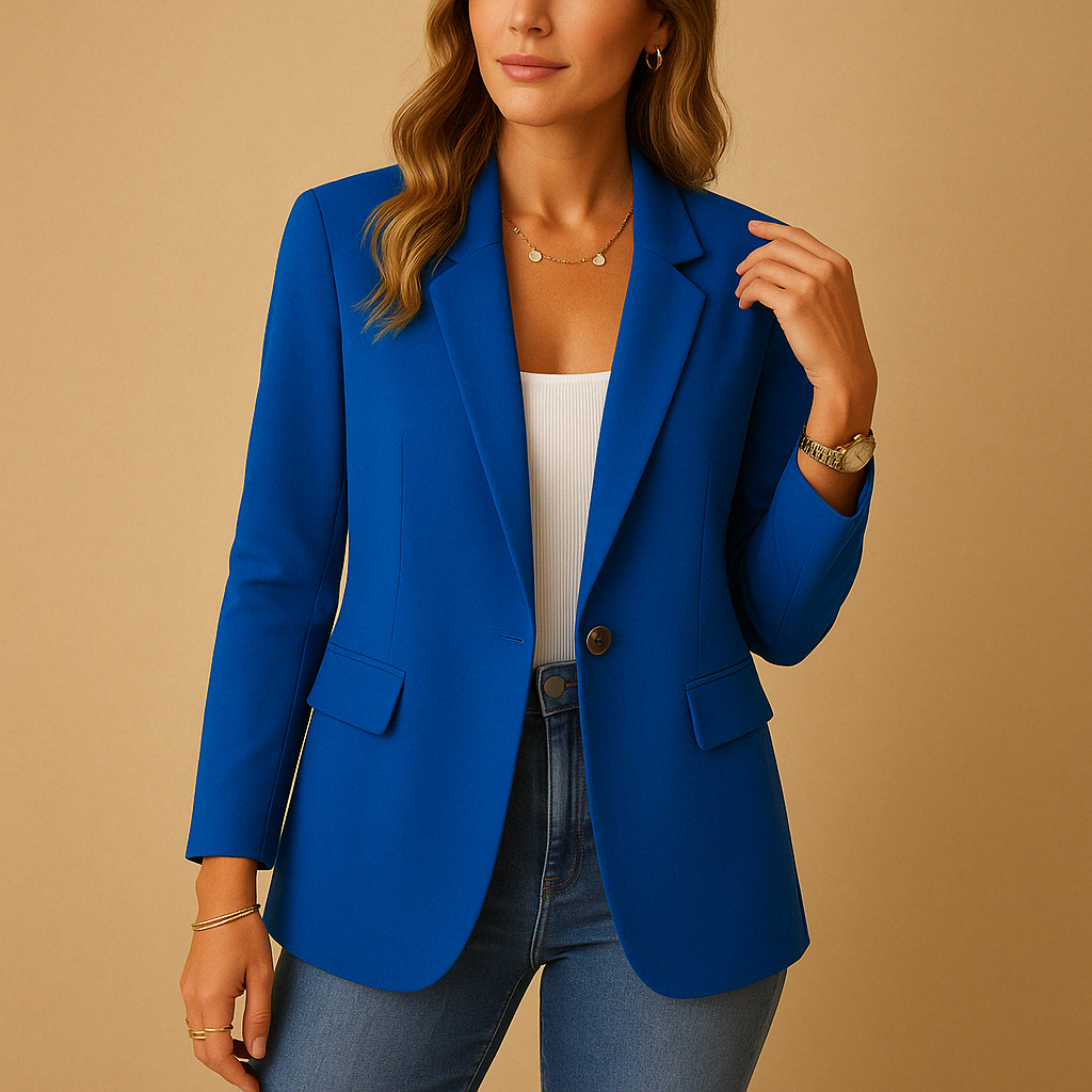 Women's business attire tailored blazer, ideal for professional settings, with a peak lapel & classic flap pockets.