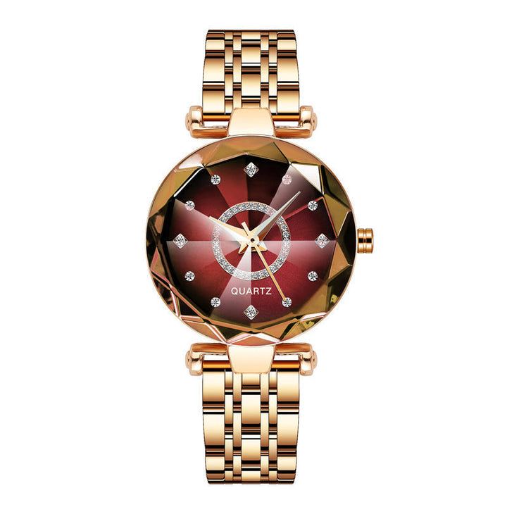 Close-up on the waterproof casing of a women's quartz watch, designed for durability.