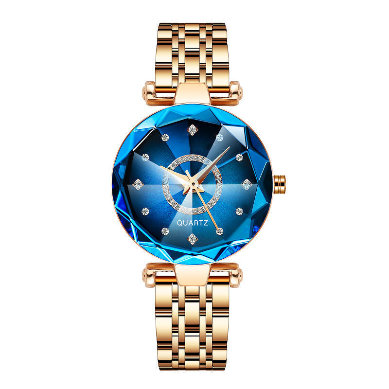 Stack of women's starry diamond dial quartz watches, showing various angle views.