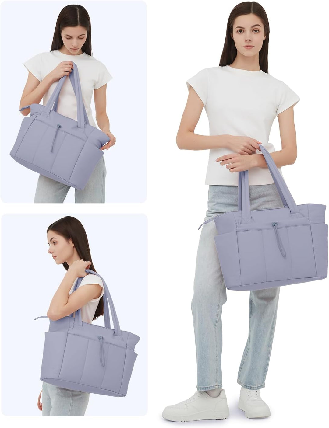 Women's large capacity gym tote, quilted puffer, with laptop slot & bottle pocket.