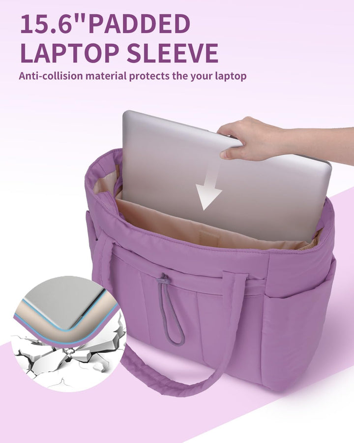 Professional women's quilted work bag, spacious, with laptop sleeve & drink holder.