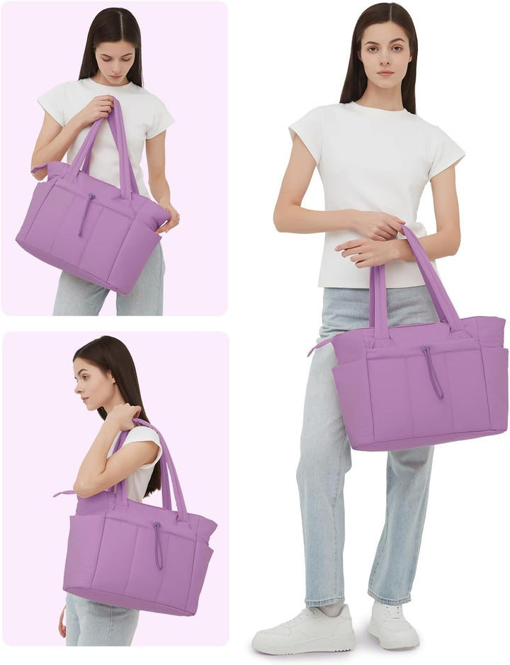 Versatile women's puffer tote with laptop sleeve, quilted, for travel & work.