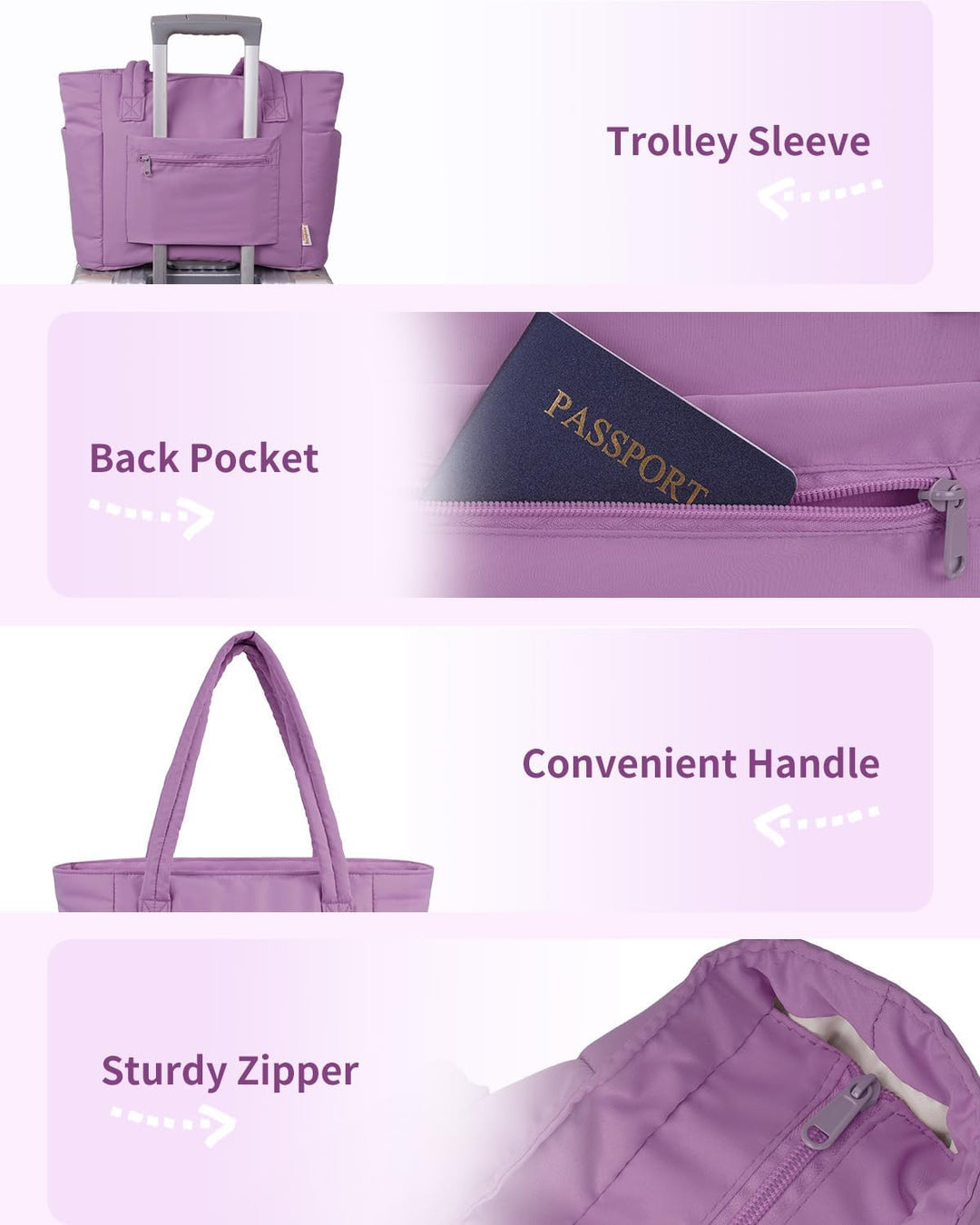 Durable women's travel tote, quilted puffer, featuring laptop sleeve & cup holder.