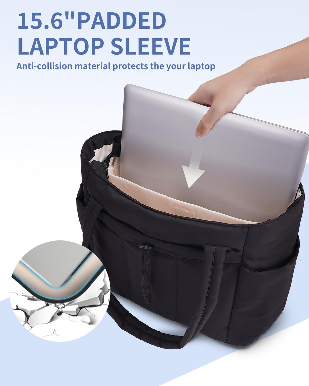 Chic women's quilted work bag, puffer design, includes laptop sleeve & cup holder.