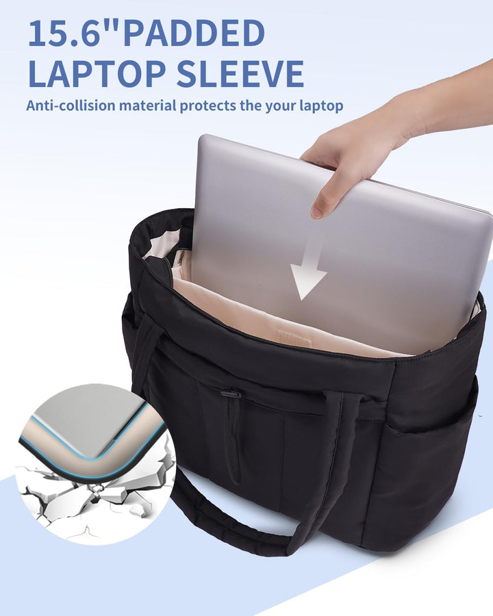Chic women's quilted work bag, puffer design, includes laptop sleeve & cup holder.