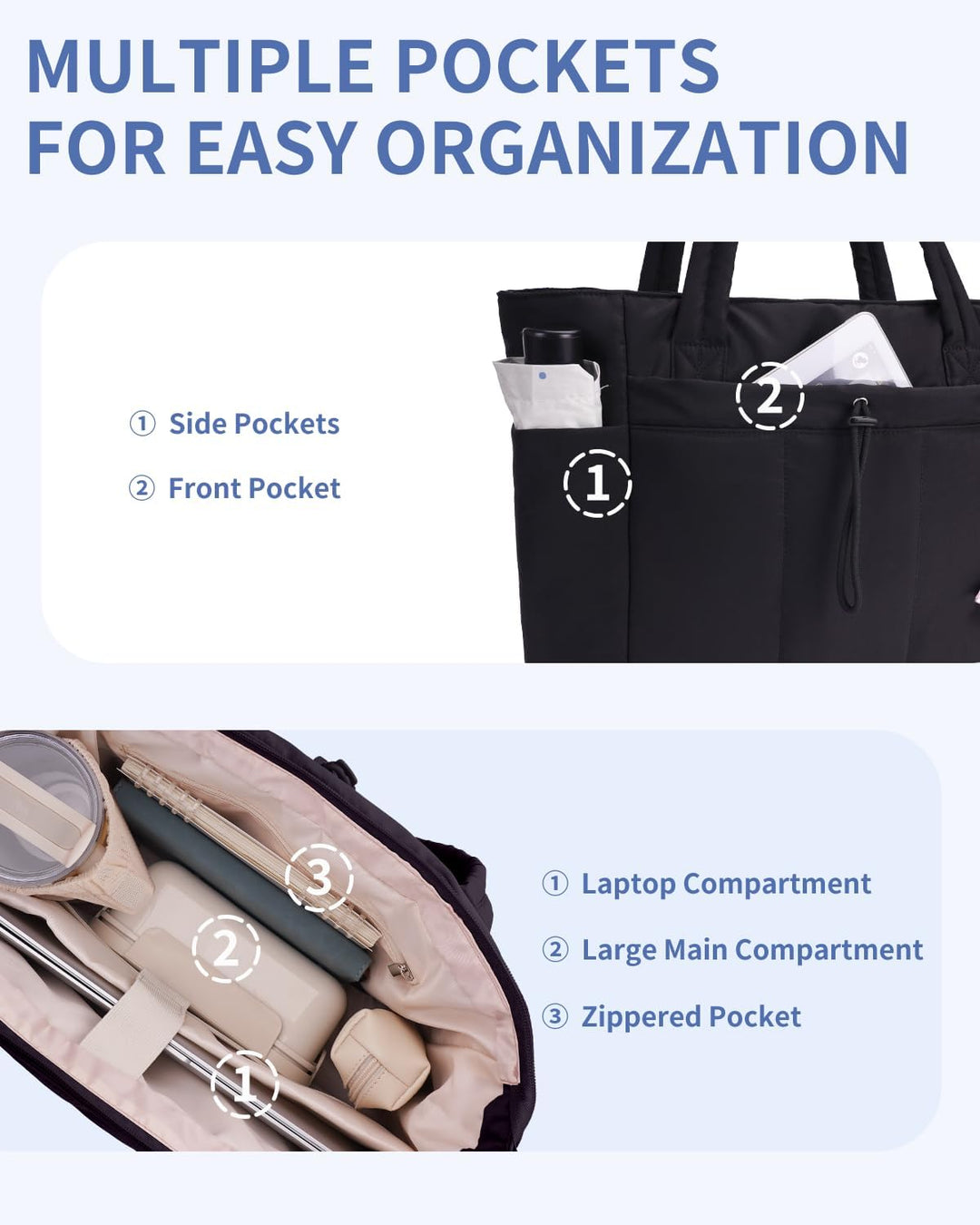 Modern women's travel tote, quilted puffer, spacious, with laptop sleeve & cup holder.