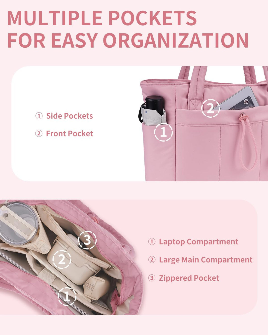 Functional women's shoulder bag, quilted puffer, laptop & drink friendly for daily use.