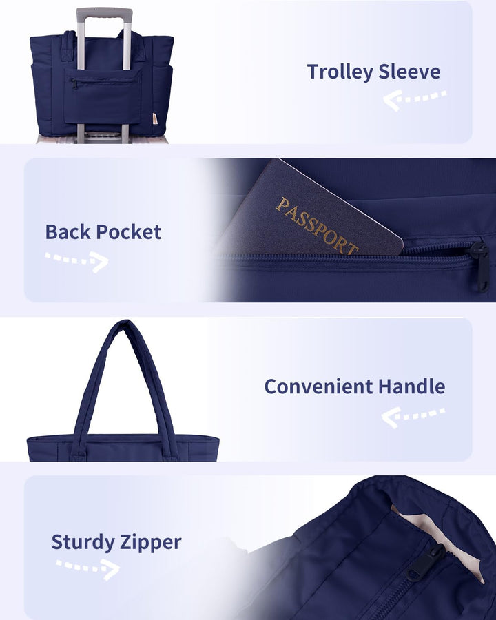 Modern women's large puffer tote, quilted, for daily essentials, laptop & cup holder.