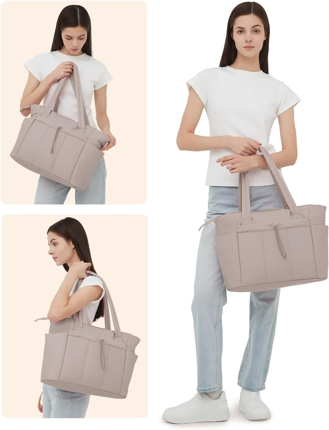 Quilted gym bag for women, large & stylish, includes laptop sleeve & cup holder.