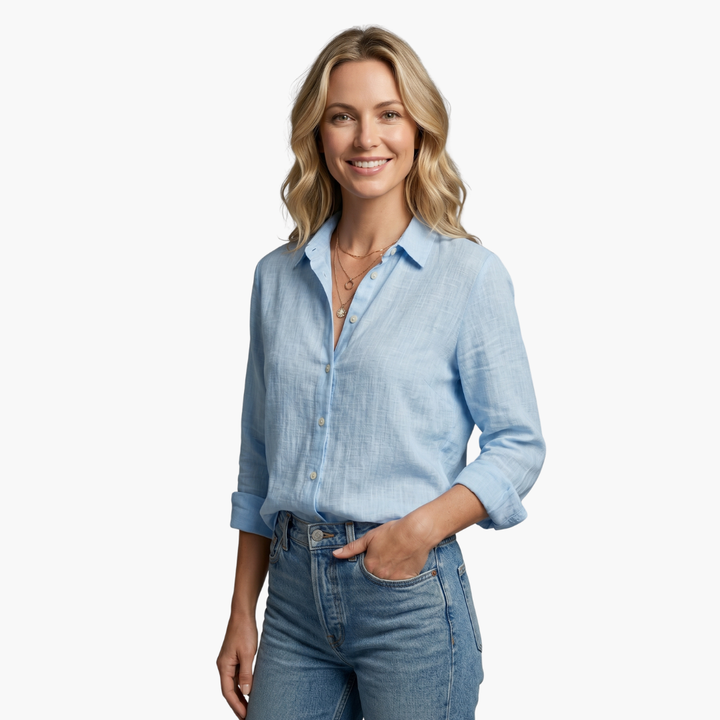 Relaxed fit women's long sleeve shirt with scallop collar & button down front for versatile styling.