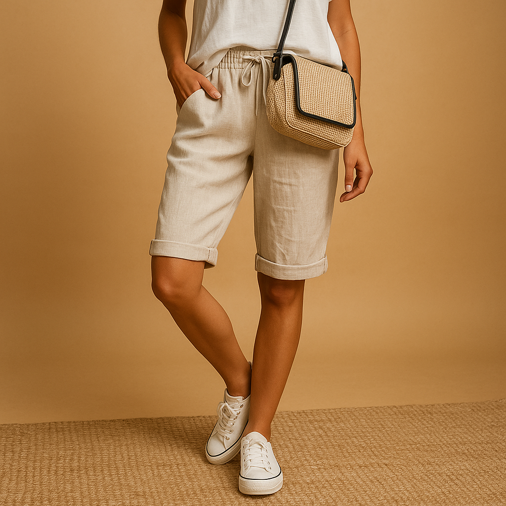 Casual women's relaxed fit capri trousers featuring a practical drawstring waist and chic rolled hem for warm weather.