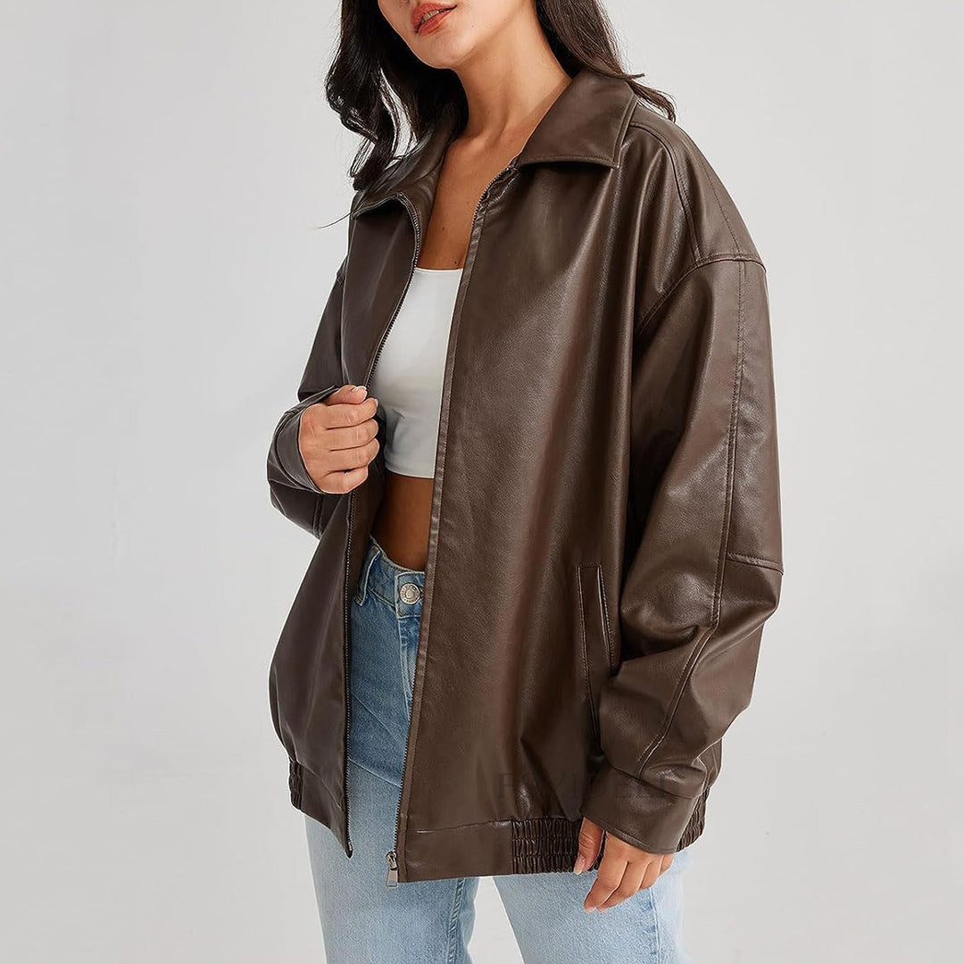 Stylish women's relaxed fit jacket, a trendy zip-up outerwear staple, great for everyday casual.